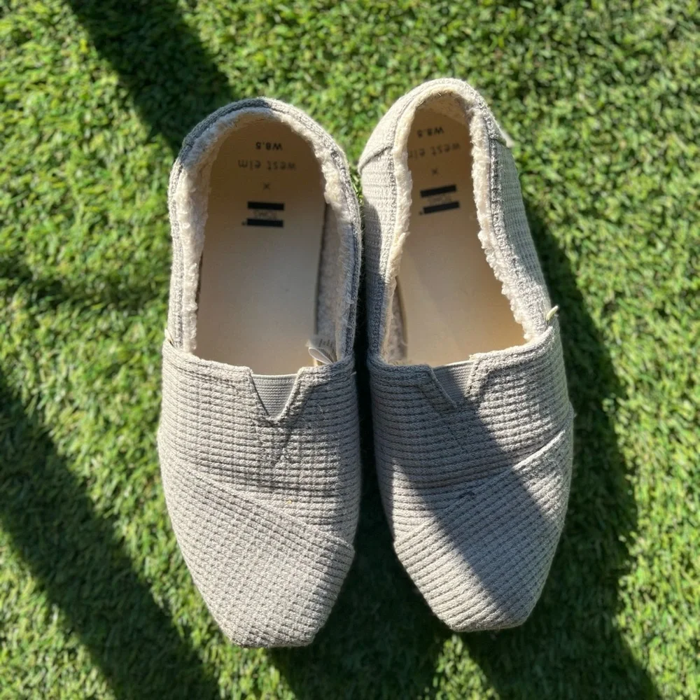 TOMS x West Elm Alpargata Grey Repreve Waffle Knit Faux Shearling 8.5W Cozy